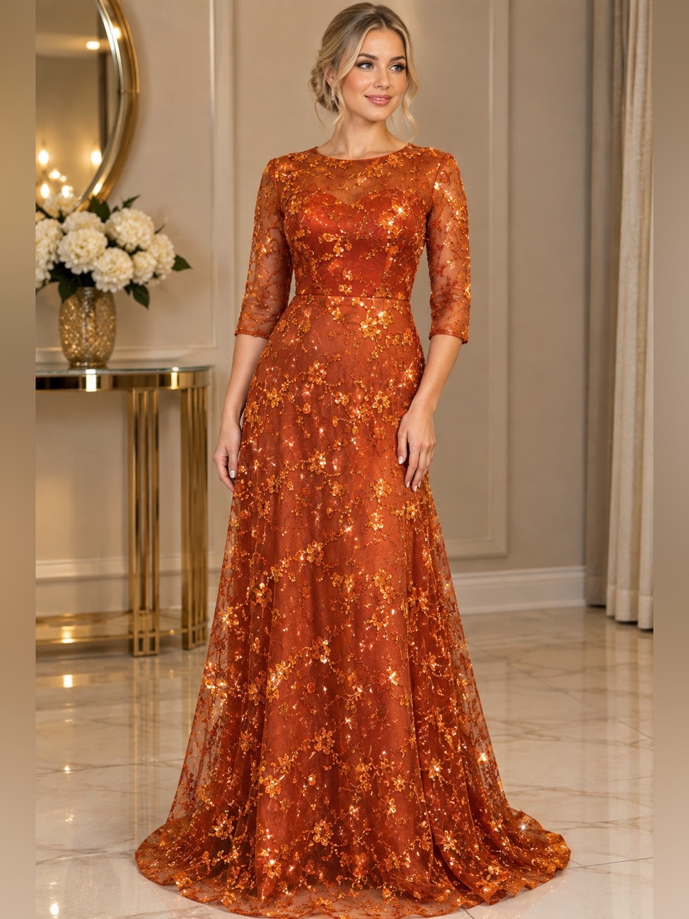 Orange sparkling Floral Lace Maxi Gown with a back zip